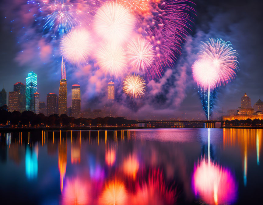 Colorful fireworks illuminate city skyline at night reflecting on calm water.