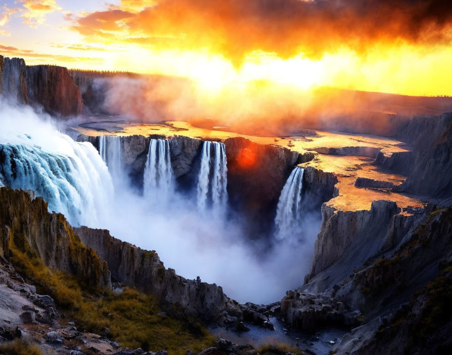 Majestic waterfall at sunrise with vibrant cascades