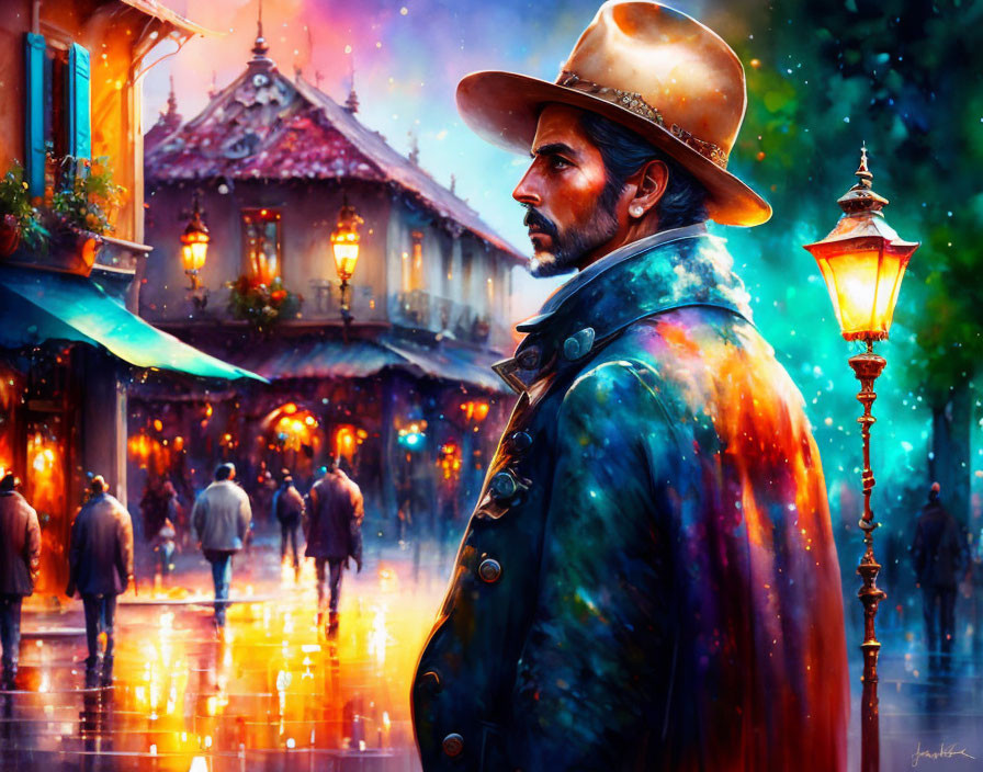 Cowboy hat man on vibrant, rain-slicked street at dusk with colorful lights and onlook