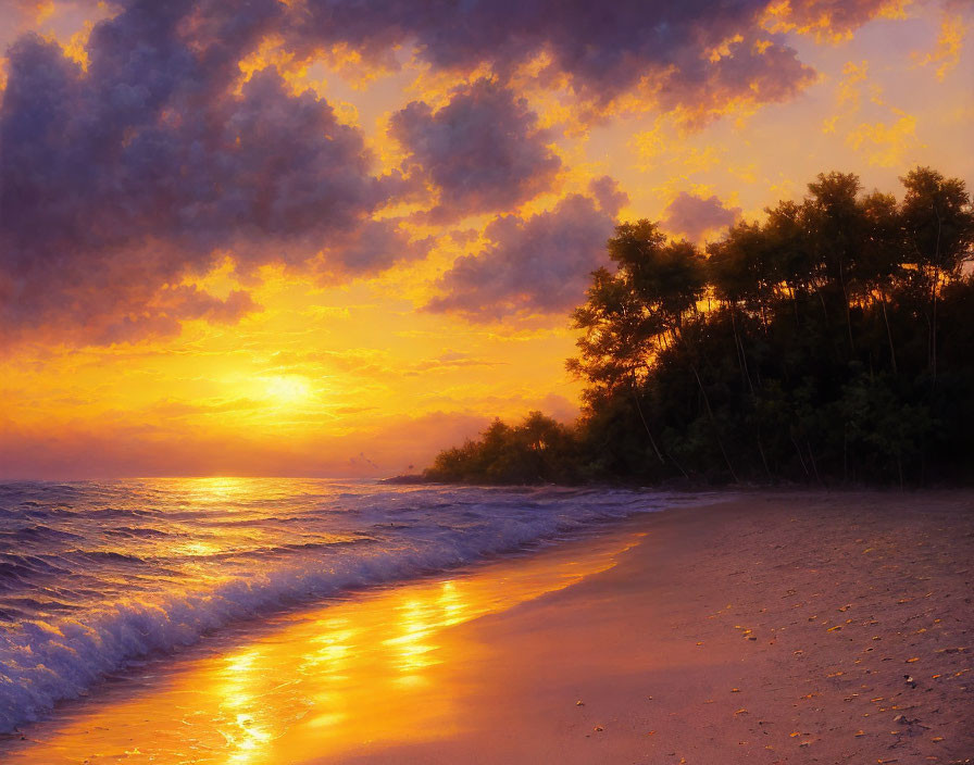 Tranquil beach sunset with golden hues, scattered clouds, and forest silhouette