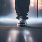 Person in sneaker stepping on urban street with misty background