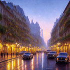 Parisian Street at Twilight with Vintage Cars and Eiffel Tower