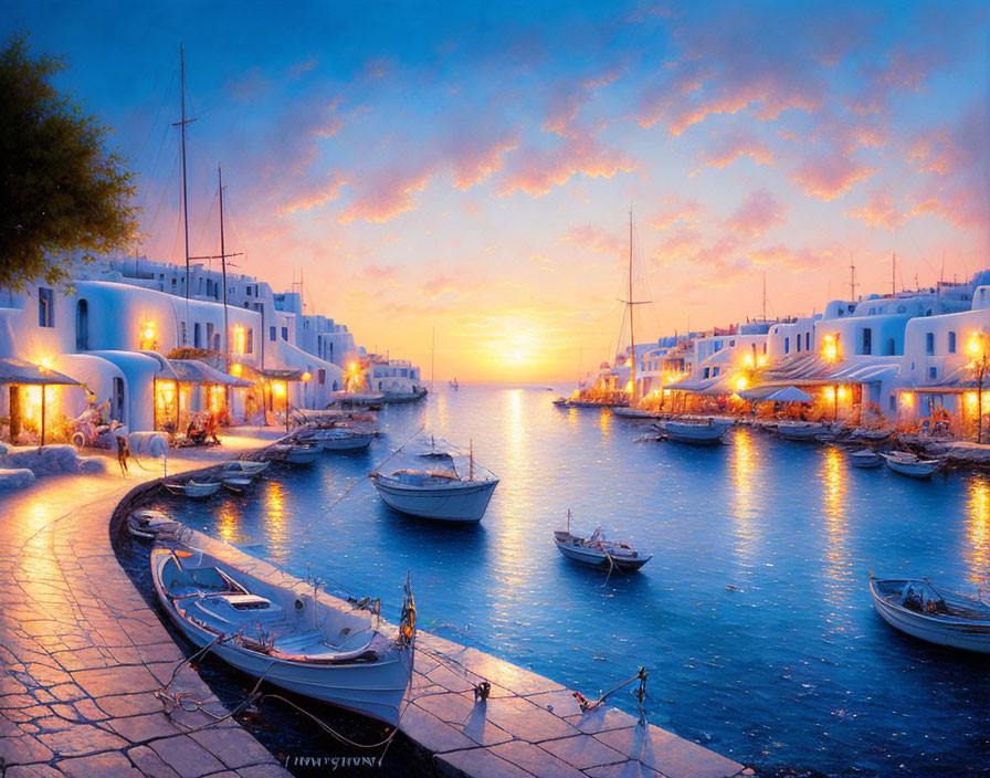 Tranquil harbor sunset with boats and white buildings