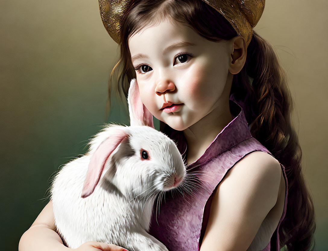 Young girl in golden hat with white rabbit on textured backdrop