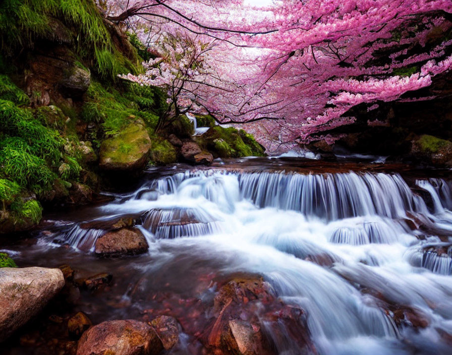 Tranquil Cherry Blossom Waterfall in Full Bloom