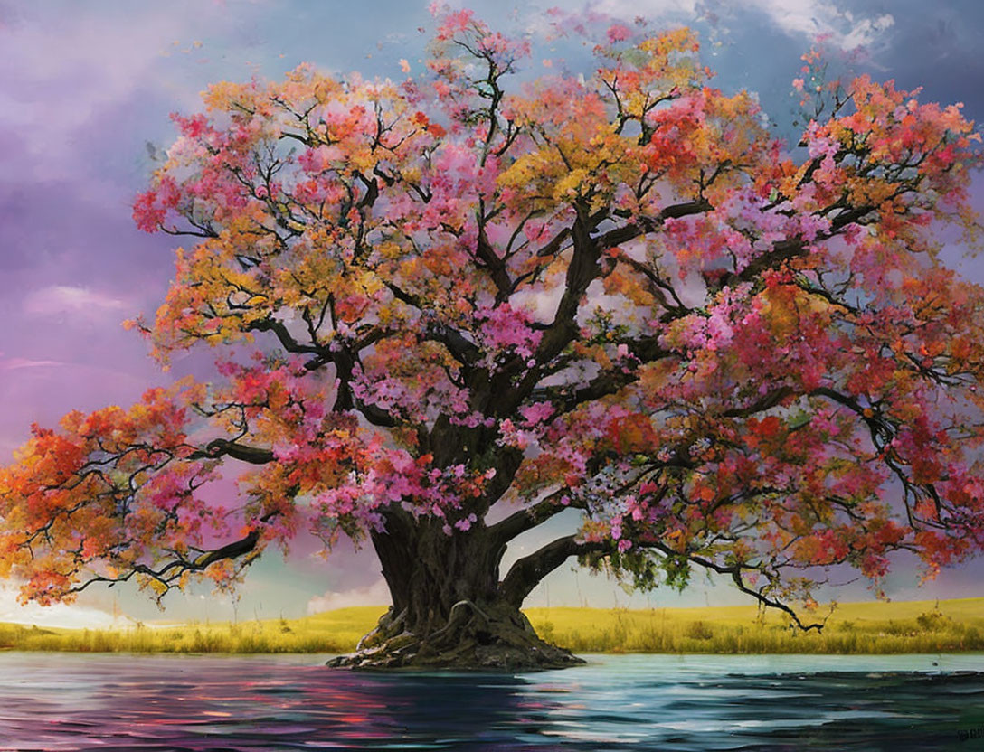 Majestic tree with vibrant pink blossoms on islet at dusk