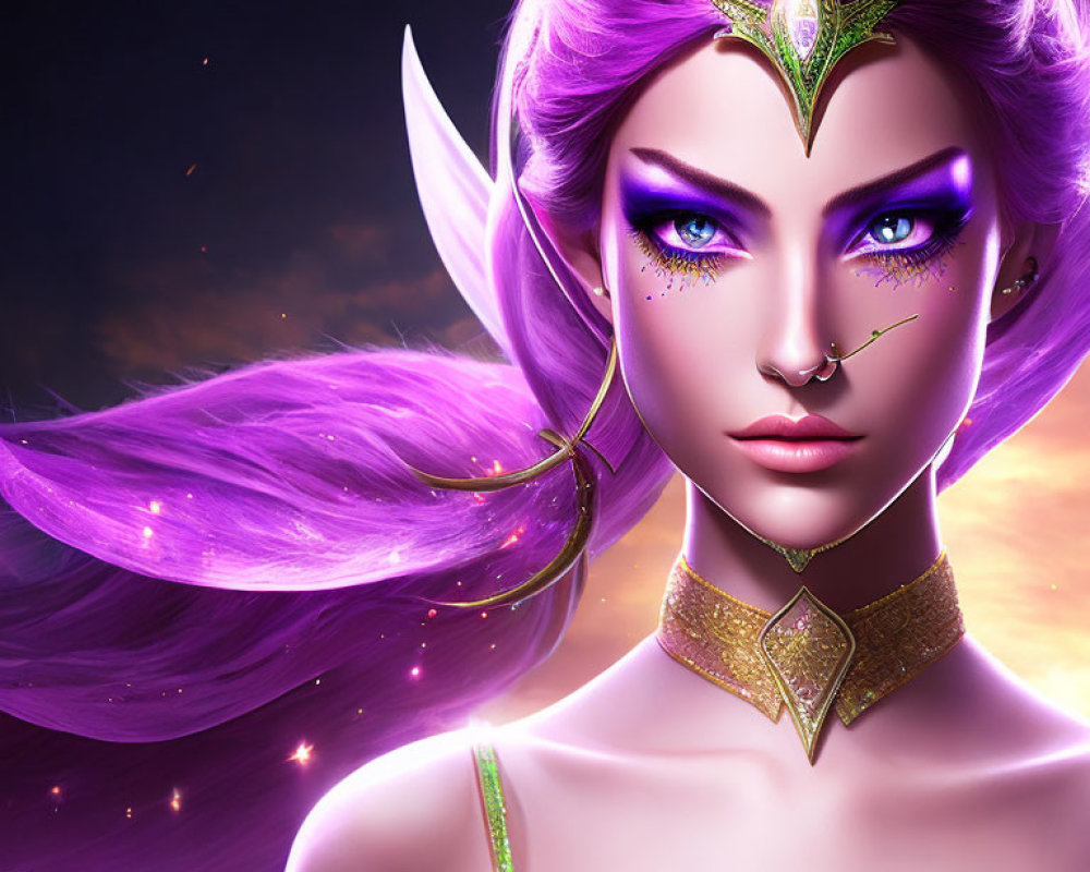 Illustrated female character with purple hair and gold jewelry in green outfit against cosmic backdrop