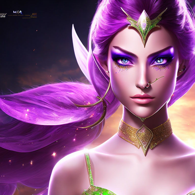 Illustrated female character with purple hair and gold jewelry in green outfit against cosmic backdrop