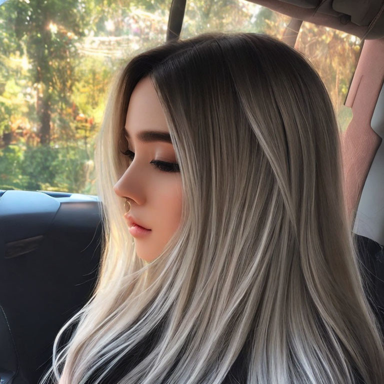 Long Ombre-Haired Woman in Car with Soft Makeup and Serene Expression