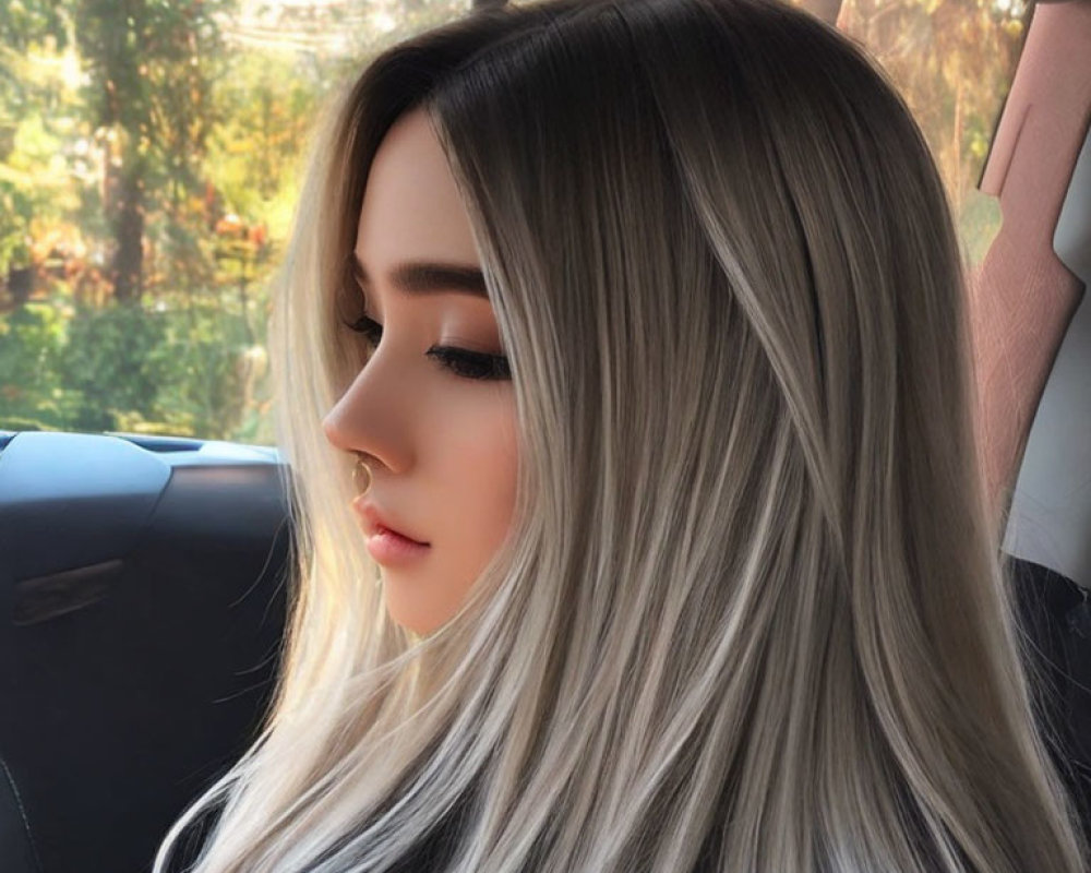 Long Ombre-Haired Woman in Car with Soft Makeup and Serene Expression