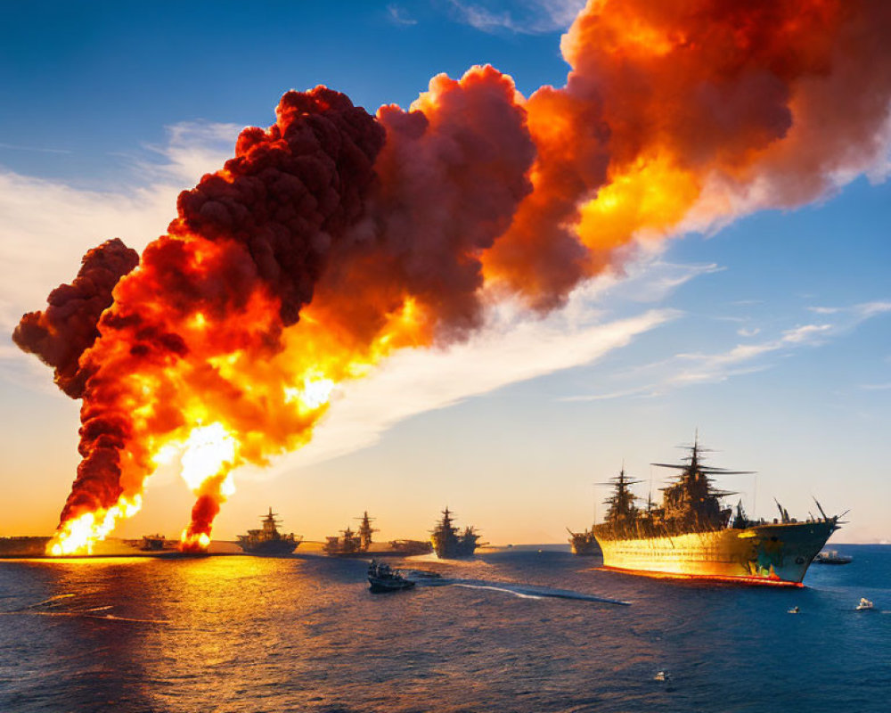 Explosion at Sea with Naval Ships and Orange Smoke