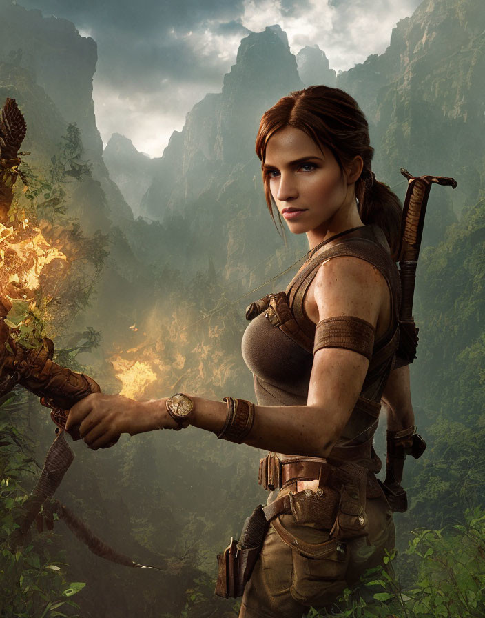 Brown-Haired Female Adventurer in Jungle with Torch and Ruins
