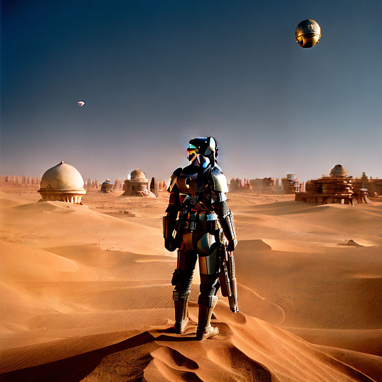 Futuristic armor in desert with domed buildings and hovering sphere