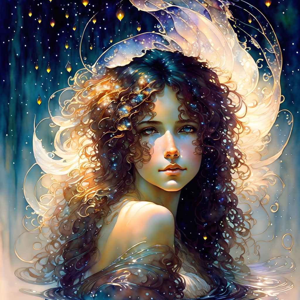 Portrait of woman with curly hair and cosmic elements in mystical setting.