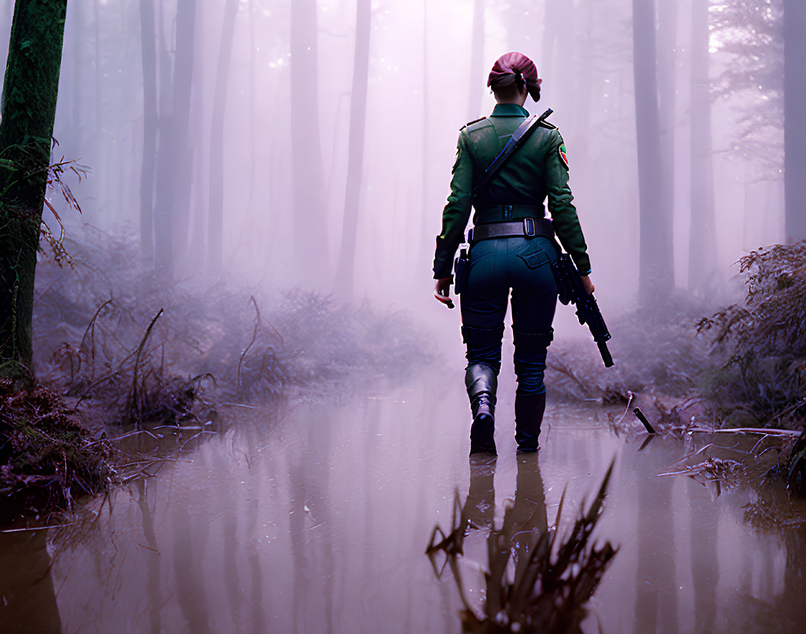 Person in Green Jacket Walking Through Misty Forest with Reflective Water