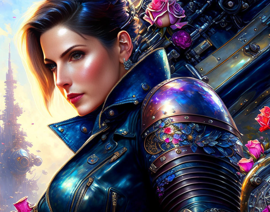 Cosmic-themed portrait of a woman in flower armor with futuristic cityscape