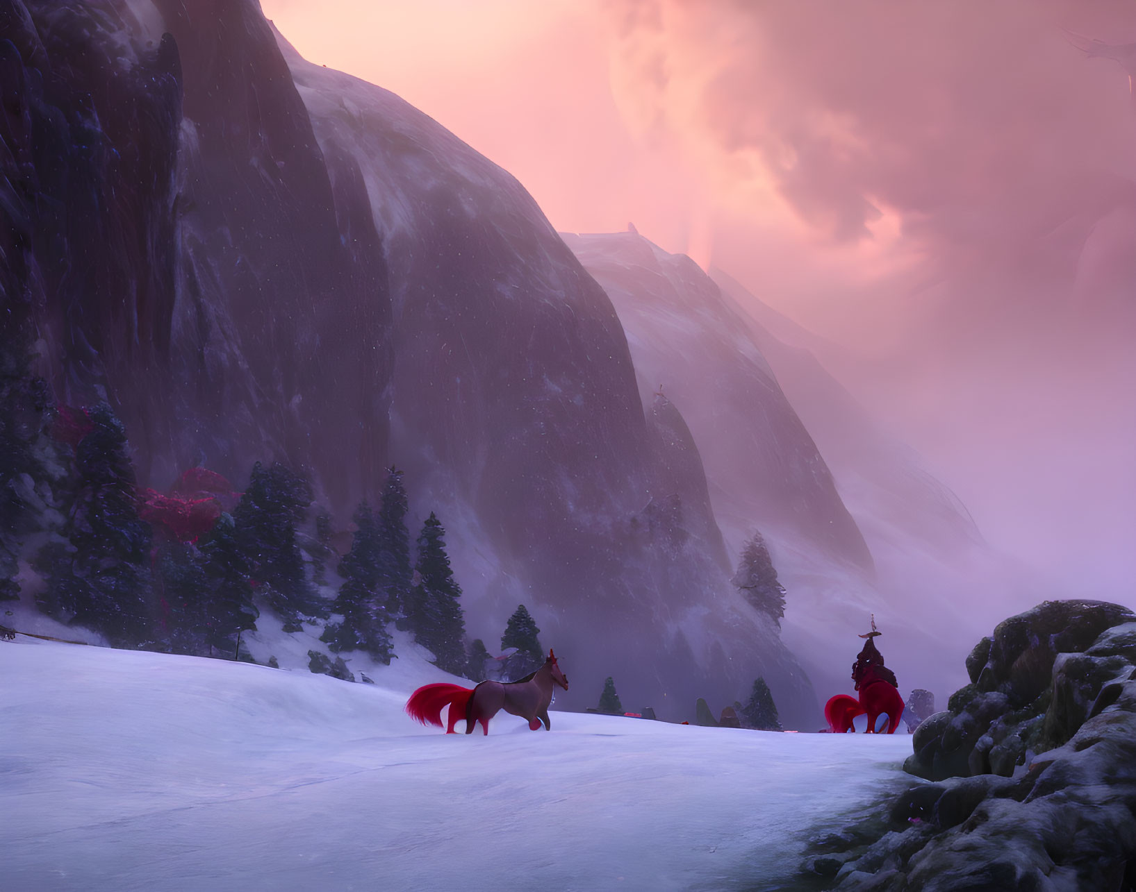 Snowy Dusk Landscape with Fox, Crimson Trees, Pagoda, and Misty Mountains in Pink
