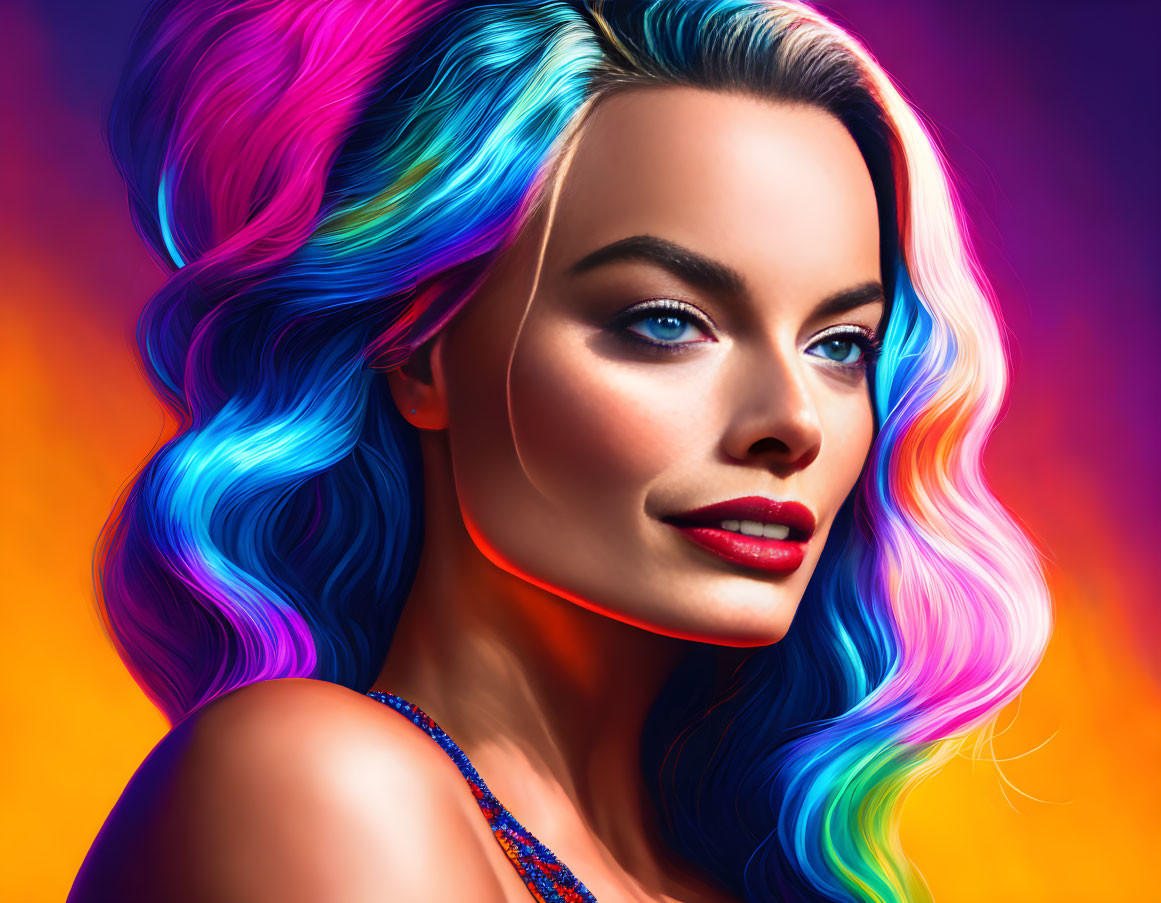 Vibrant blue and pink hair woman digital portrait with colorful background