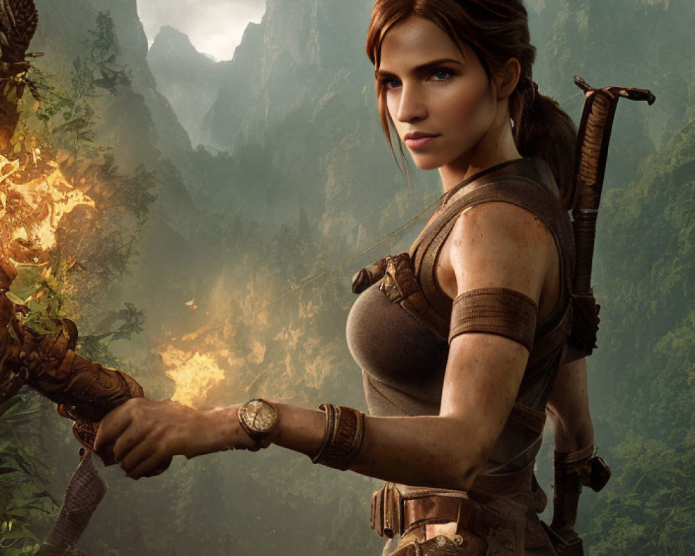 Brown-Haired Female Adventurer in Jungle with Torch and Ruins