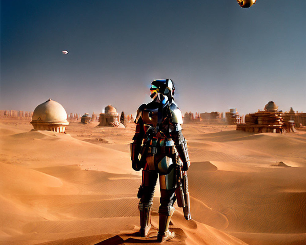 Futuristic armor in desert with domed buildings and hovering sphere