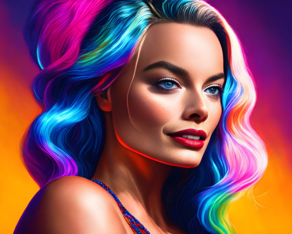 Vibrant blue and pink hair woman digital portrait with colorful background