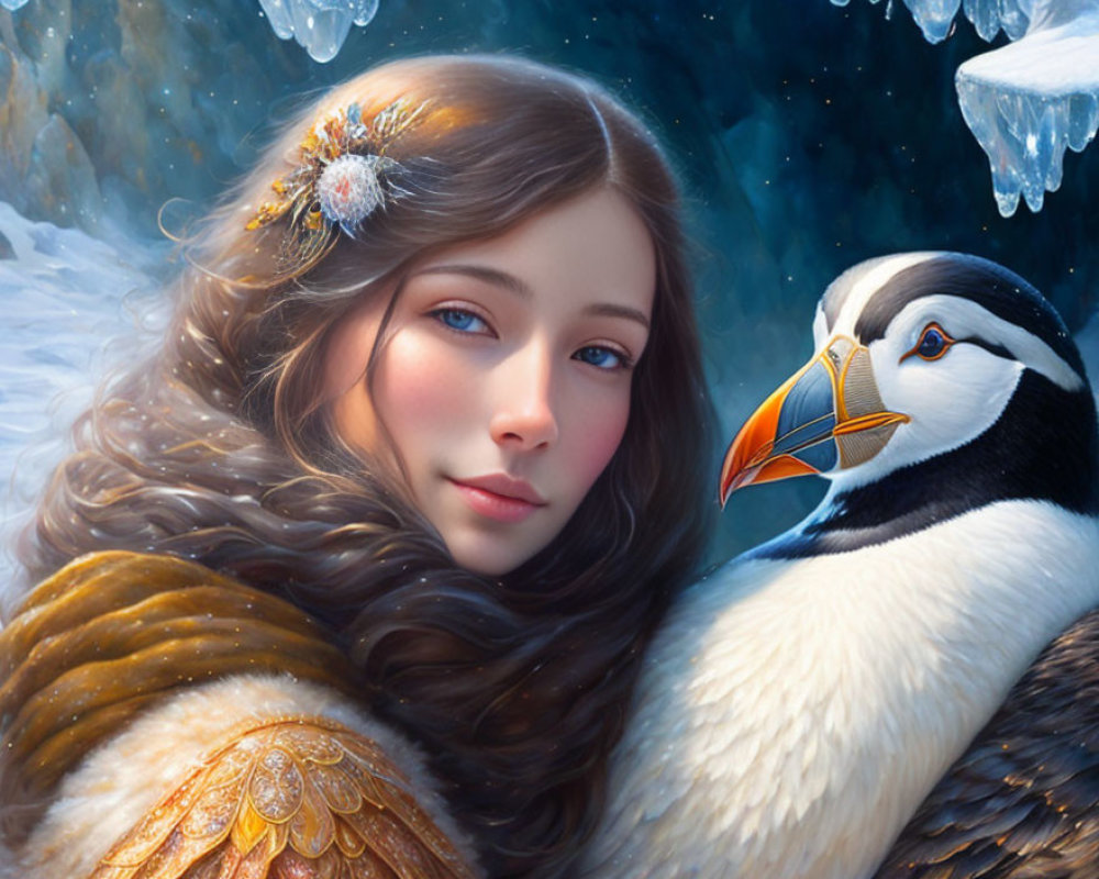 Digital illustration: Young woman with brown hair and blue eyes beside a puffin in wintry setting.