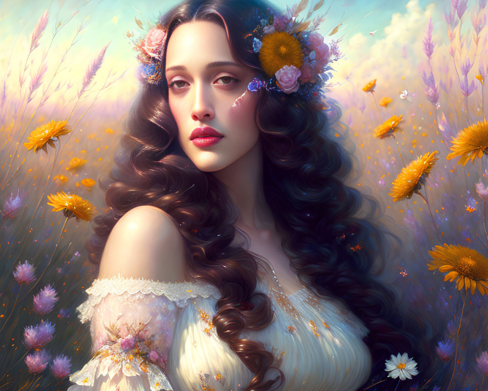 Digital artwork: Woman with long wavy hair in flower-adorned field
