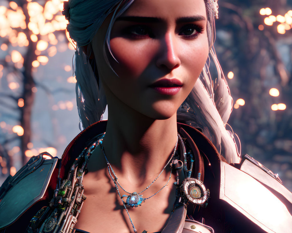 Close-up of female character with white hair in futuristic armor and glowing blue pendant against soft-focus background