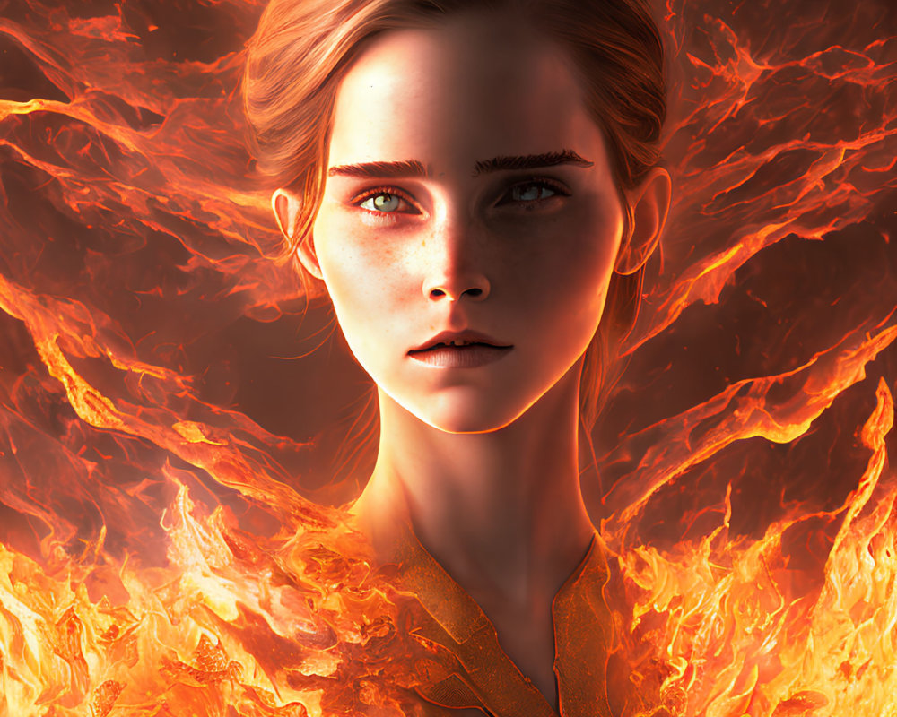 Digital artwork: Woman with intense gaze in vivid flames