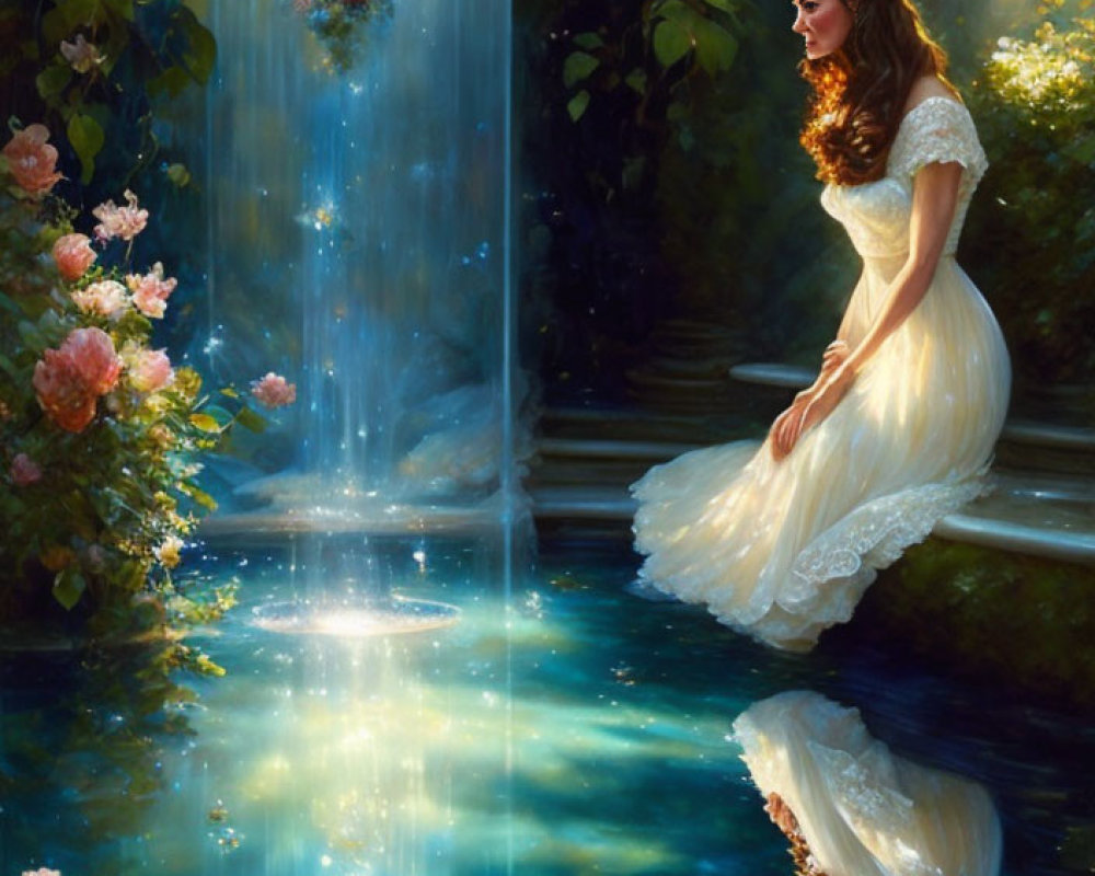 Woman in white dress by lush waterfall in sunlight.