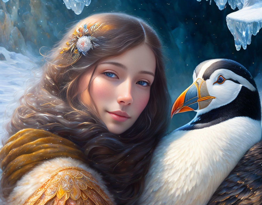 Digital illustration: Young woman with brown hair and blue eyes beside a puffin in wintry setting.