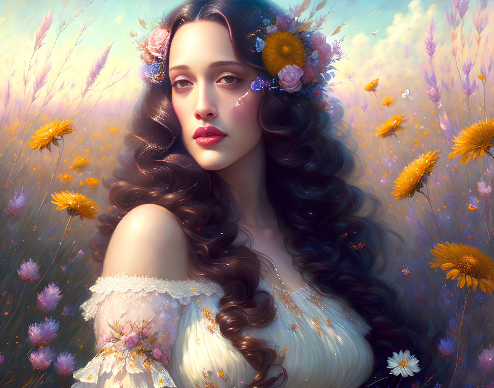 Digital artwork: Woman with long wavy hair in flower-adorned field