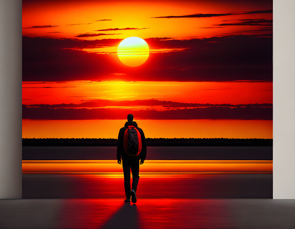 Backpacker walking towards vibrant sunset with large sun and red-orange sky.