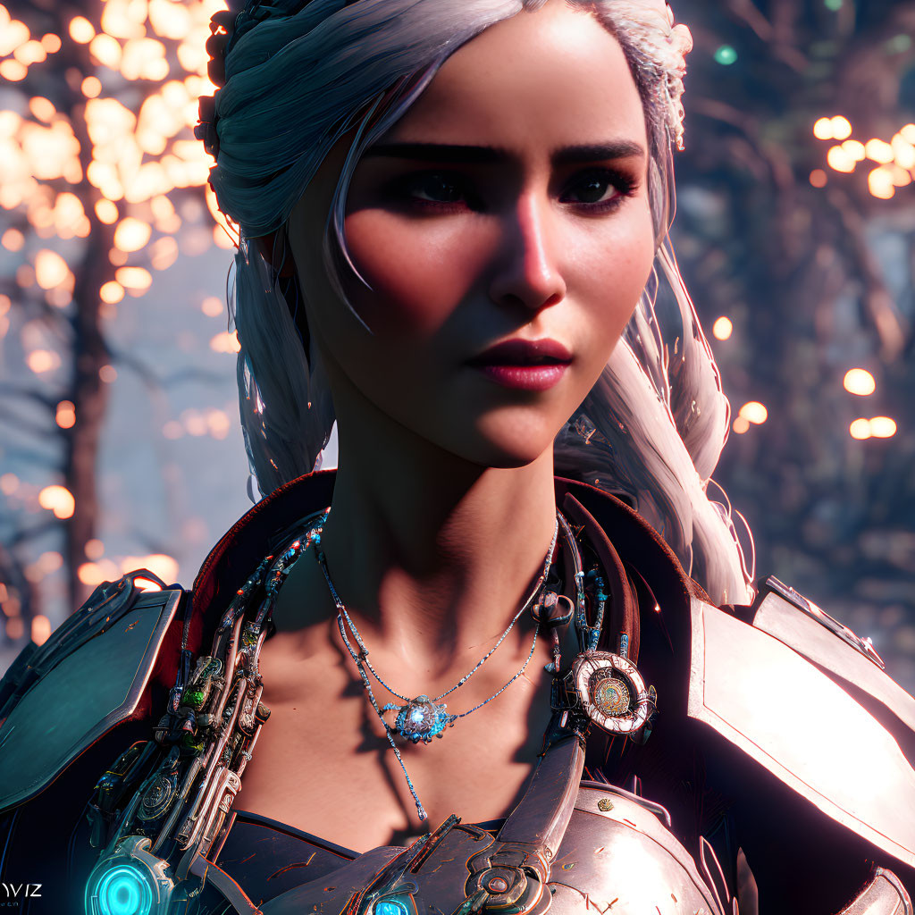Close-up of female character with white hair in futuristic armor and glowing blue pendant against soft-focus background