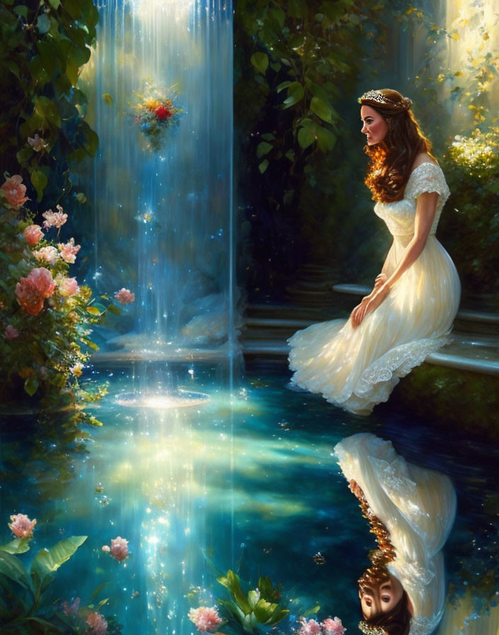 Woman in white dress by lush waterfall in sunlight.