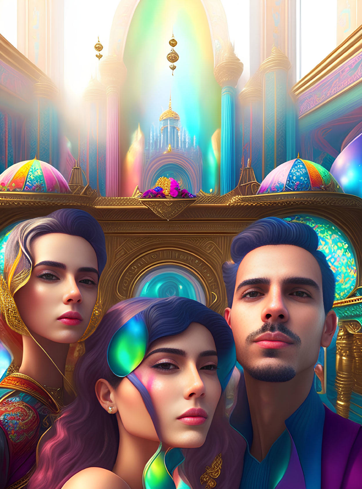 Colorful Stylized Characters in Ornate Clothing at Fantasy Palace