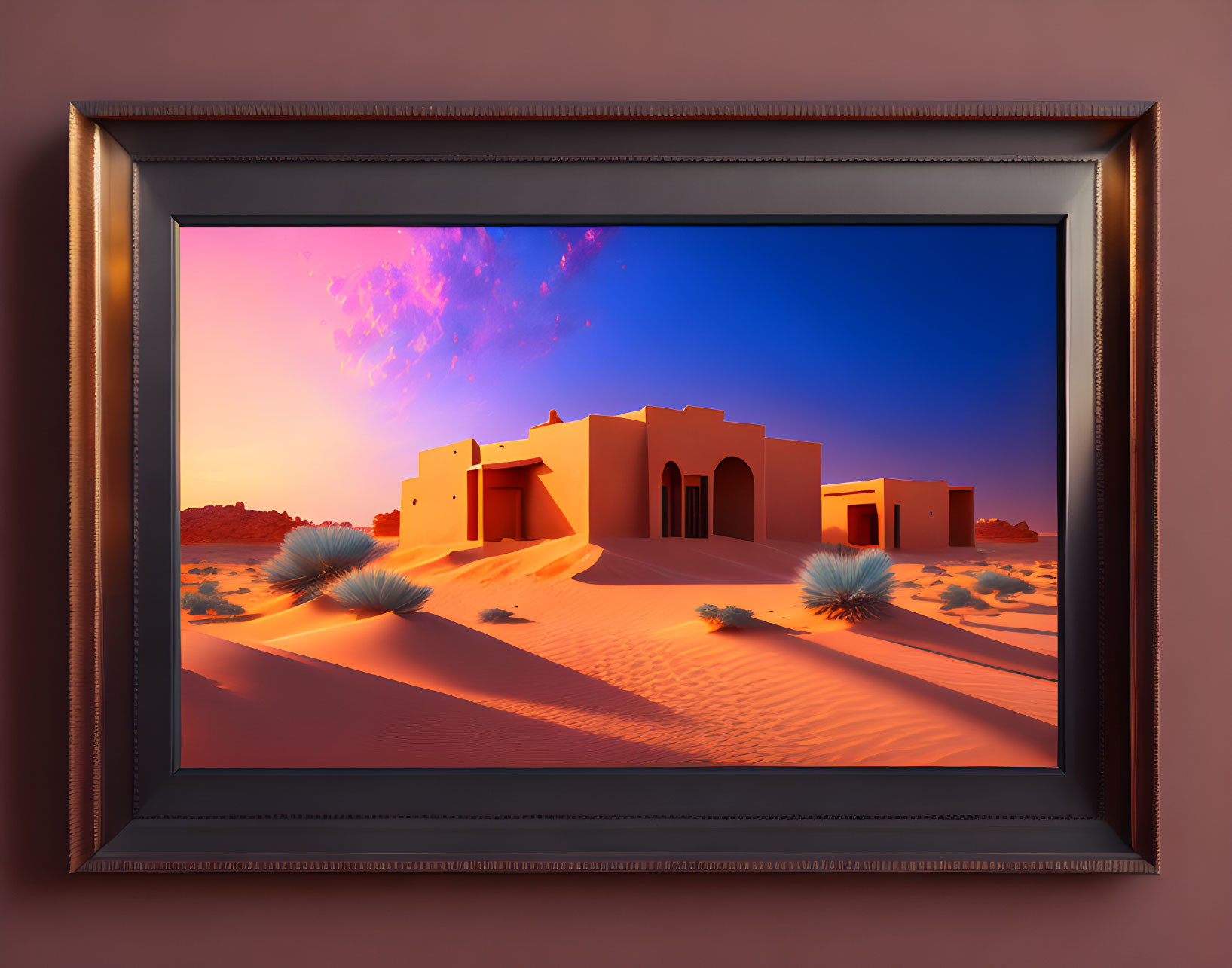Desert scene artwork with adobe building, pink and blue sky, sand dunes.