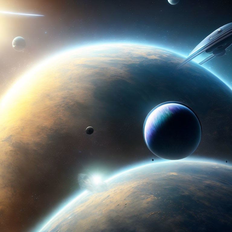 Colorful space scene with planets, star, and spaceship.