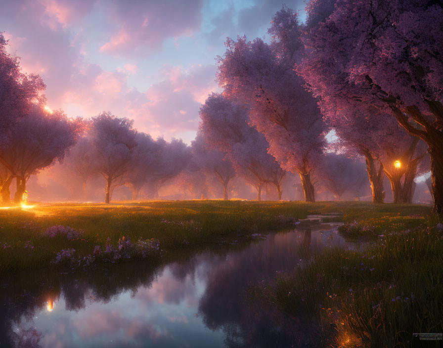 Tranquil Dusk Scene: Purple Trees, Reflective Water, Glowing Lights