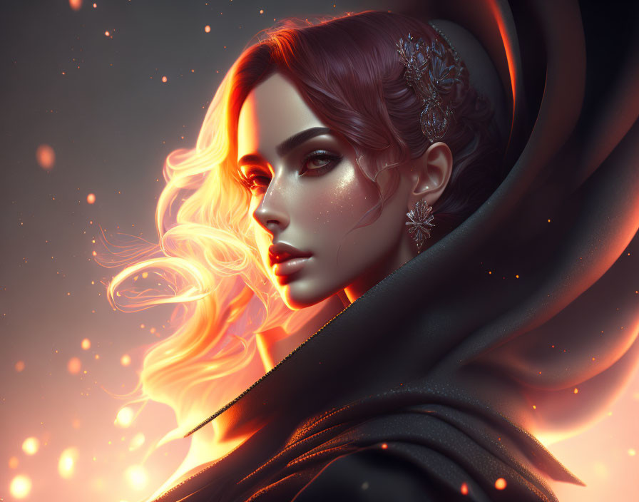 Digital portrait of woman with glowing hair, ornate jewelry, swirling cloak in warm, fiery tones