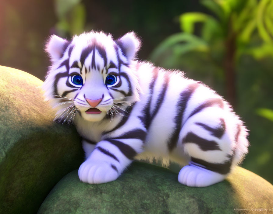 Stylized animated image: Young tiger with oversized blue eyes on rock surrounded by greenery