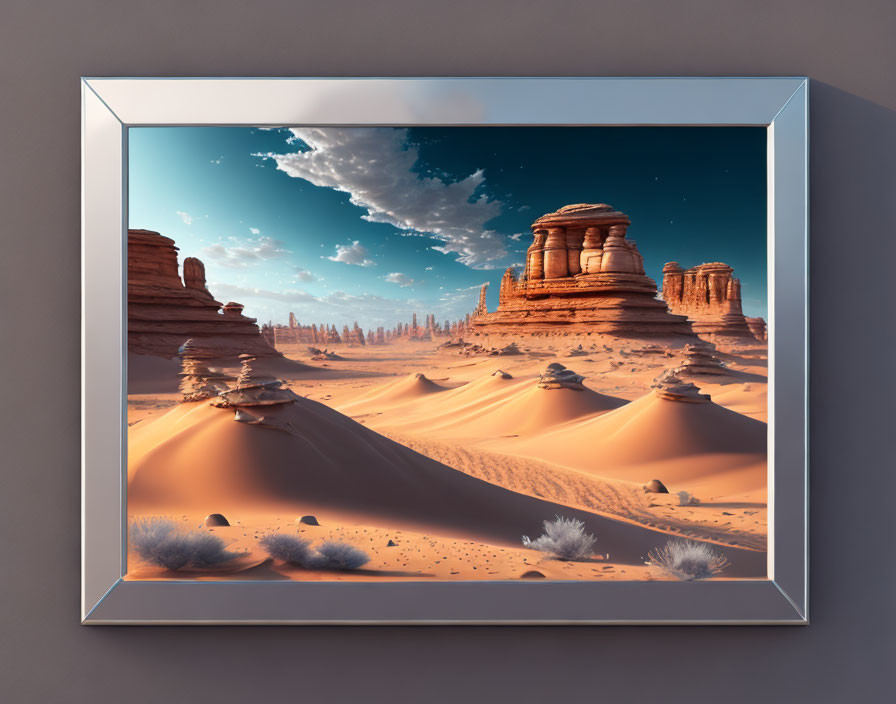 Desert landscape with sand dunes and rock formations under cloudy sky