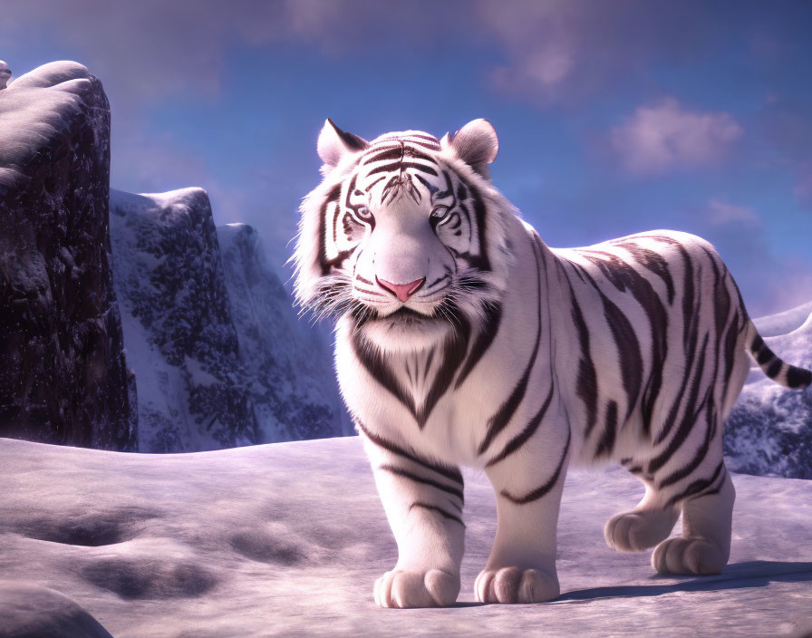 White Tiger with Black Stripes in Snowy Terrain with Mountains and Purple Sky