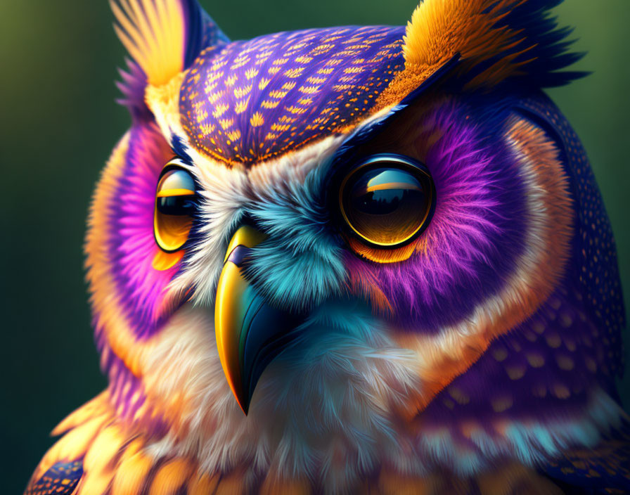 Colorful Stylized Owl Illustration with Purple, Orange, and Yellow Feathers