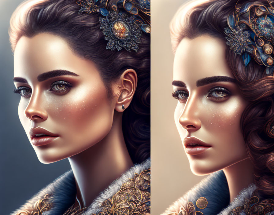 Digital Art Diptych: Woman with Ornate Headpieces and Detailed Embroidery