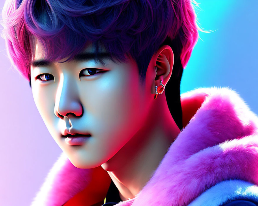 Vibrant stylized portrait of young man with purple hair and pink fur collar