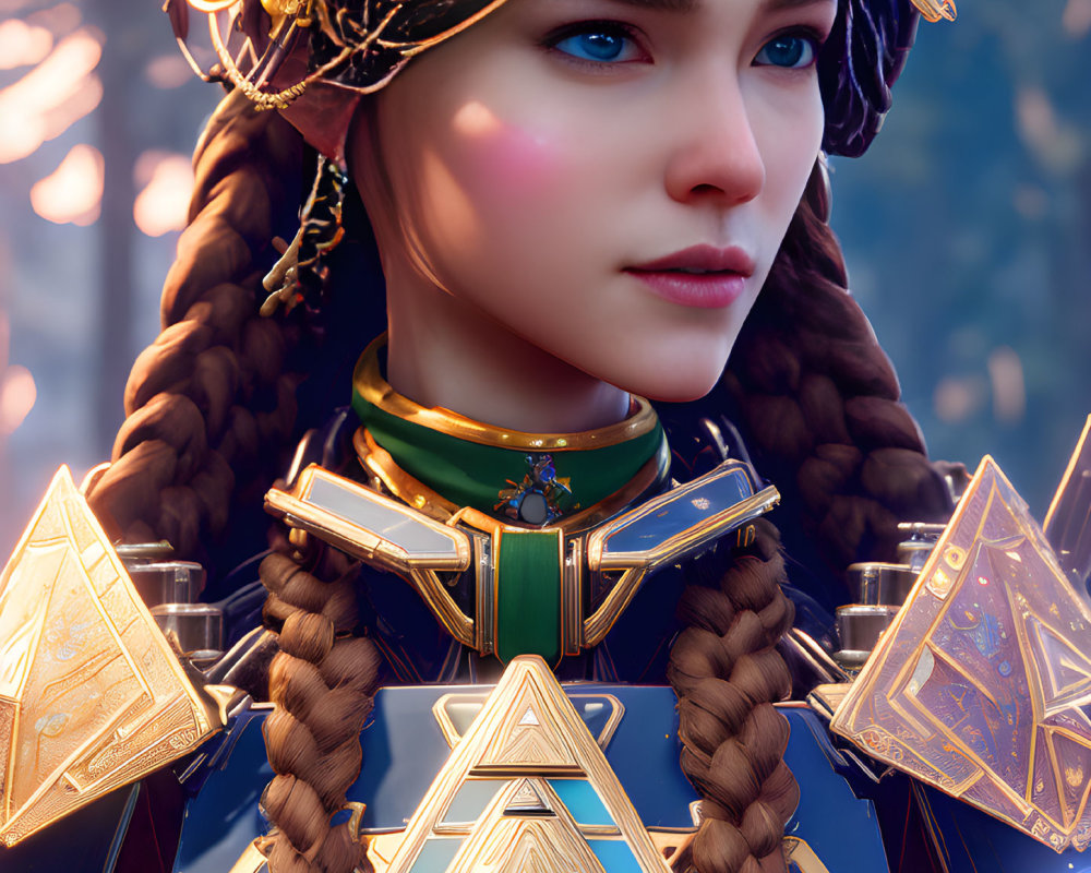 Intricate gold headgear on woman with braided hair and detailed armor