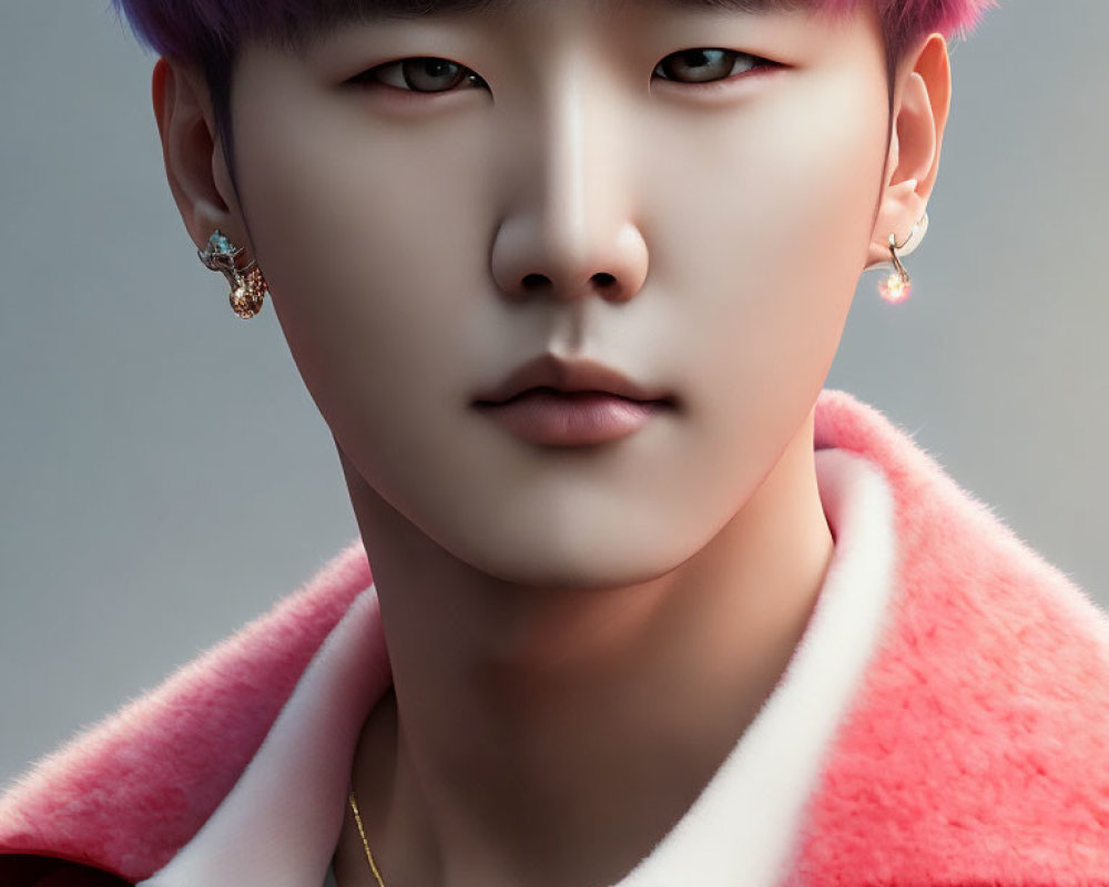 Purple-Haired Person in Pink Fuzzy Collar Jacket with Gold Earrings