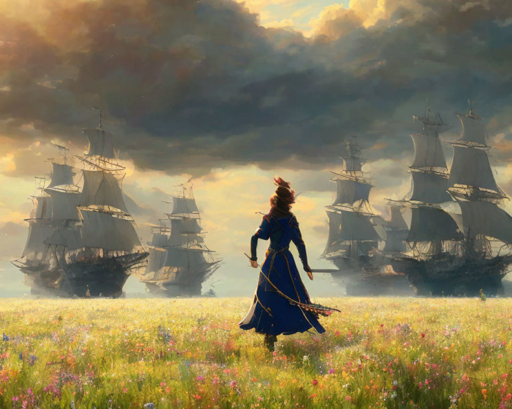 Woman in Blue Dress Walking in Flower Field with Ships on Horizon