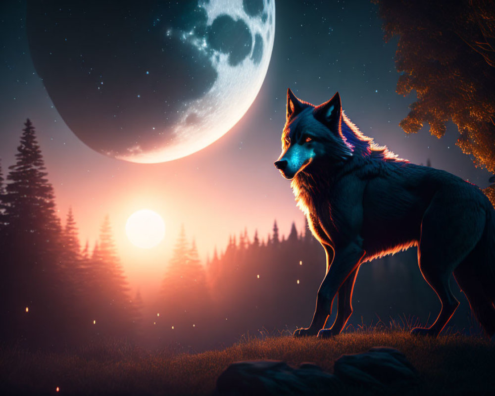 Majestic wolf in surreal moonlit forest landscape